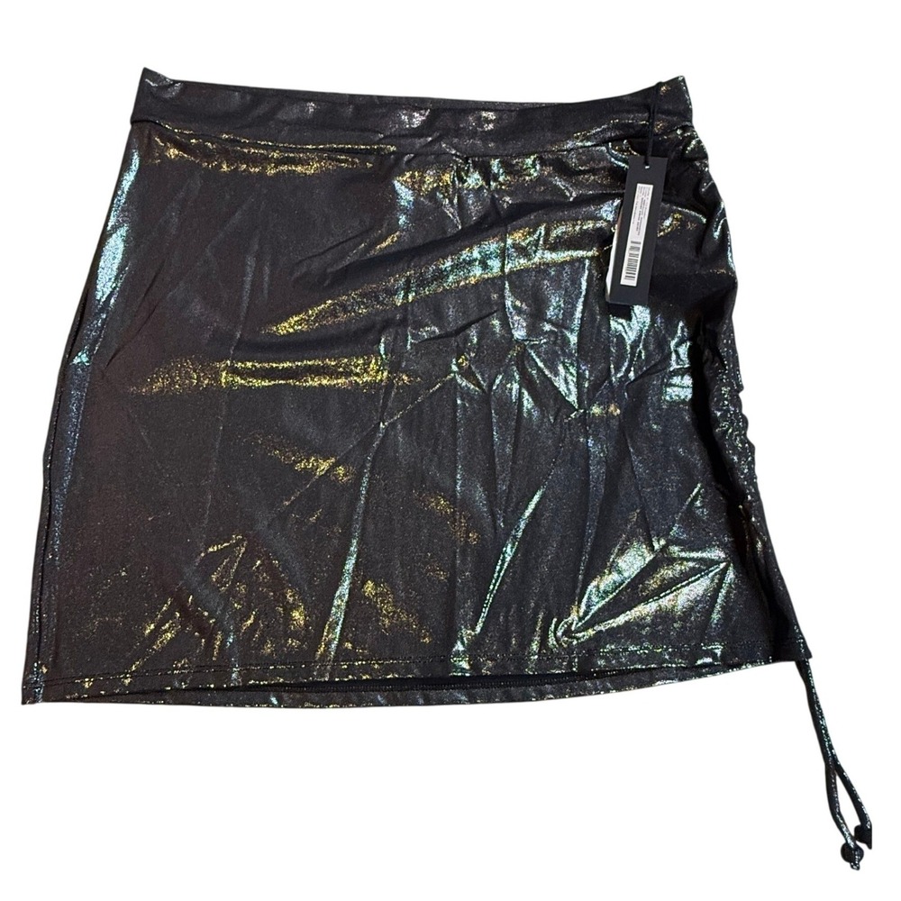 TA3 Metallic Gunmetal Short Swim Skirt Ruched Mini Cover Up Large NWT